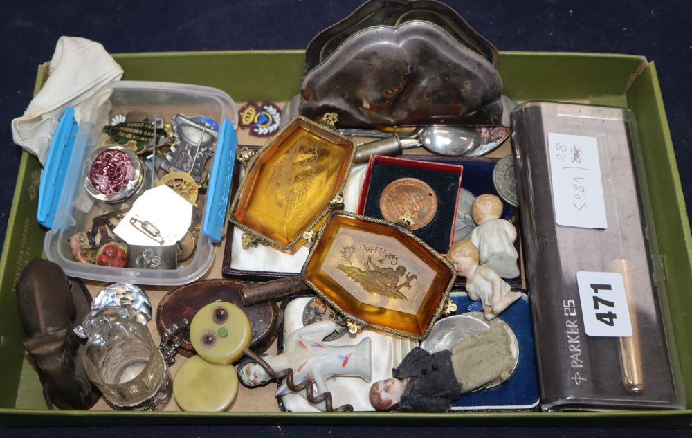Assorted collectables to include WMF letter rack, Military badges, coinage etc
